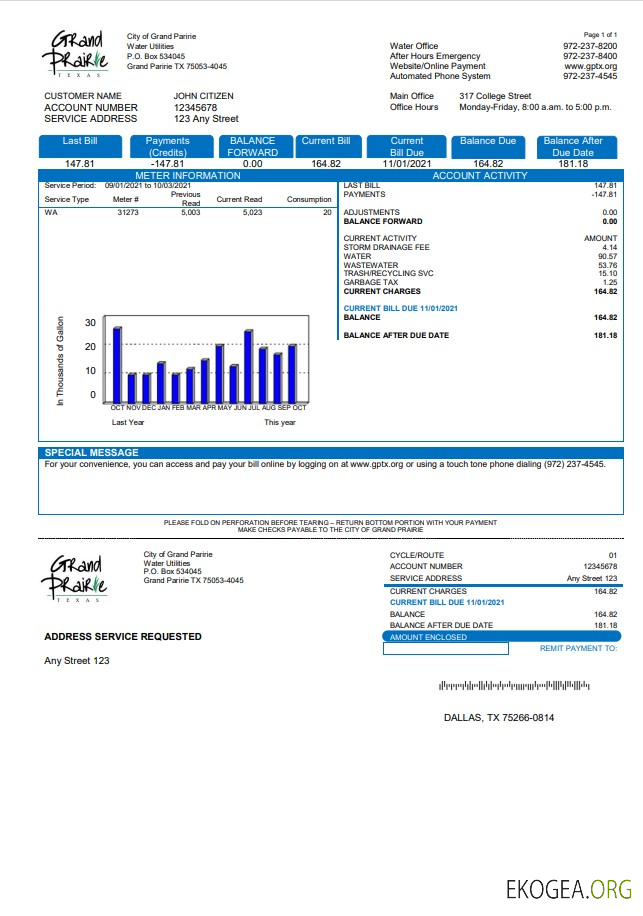 USA Texas Grand Prairie utility bill template in Word and PDF format